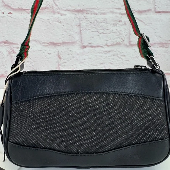 Rare Gucci Black Denim Web Vintage Baguette Bag - Picture 3 of 12